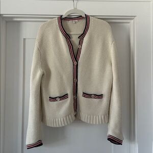 ALEX MILL Emmy Cardigan Sweater in Cream with Red and Navy trim